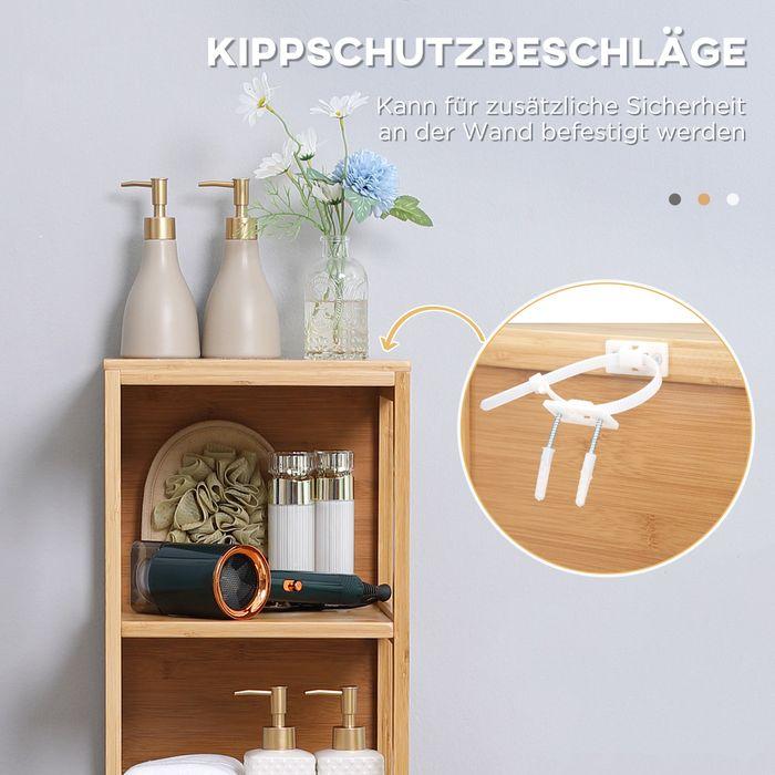 Produktbild Swisshandel24 Badezimmerschrank Bambus, 3 Regale, 2 Schubladen, Kippschutz (30 x 30 x 140 cm)