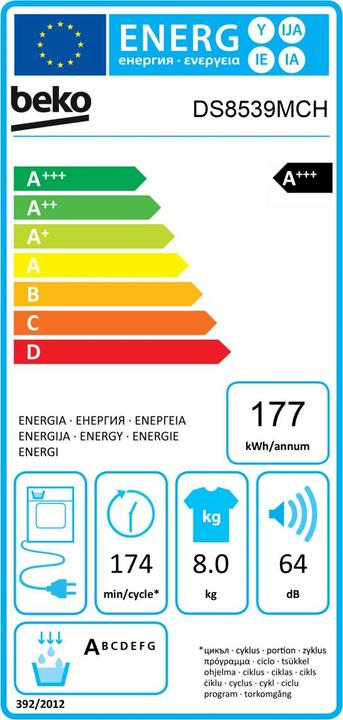 Label énergétique Beko DS8539MCH (8 kg, Droite)
