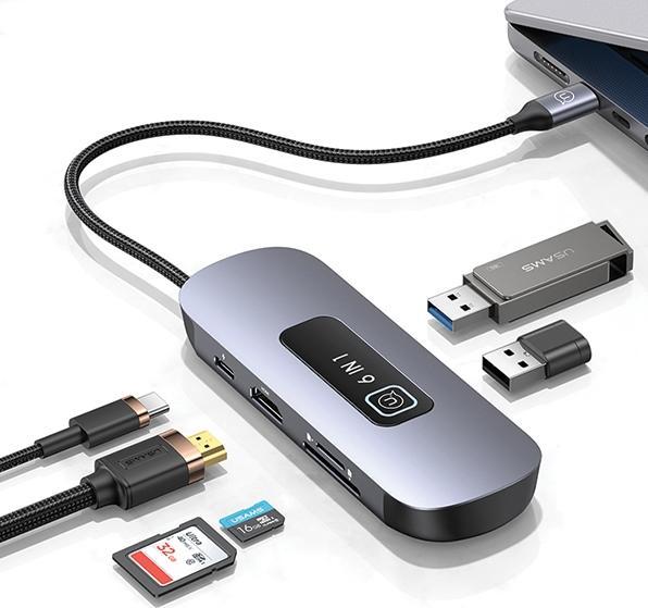 Actual product image Usams US-SJ642 PD100W 6in1 Multifunctional Type-C HUB with Light(Type-C To HDMI+USB3.0*2+TF+SD+PD100W ) (6 Ports)