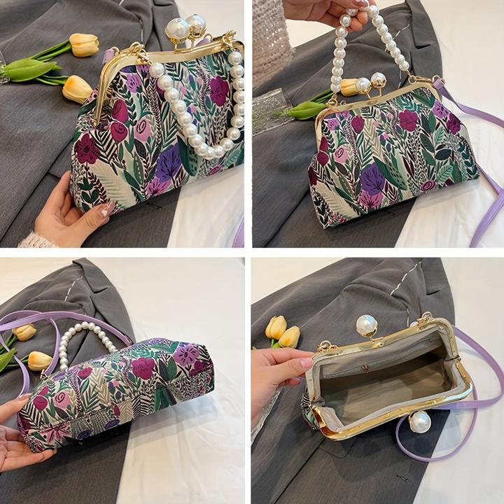 Actual product image Only-Bags.Store Vintage-inspirierten Blumenmuster Design Kupplung Tasche mit faux Perle Griff, modische