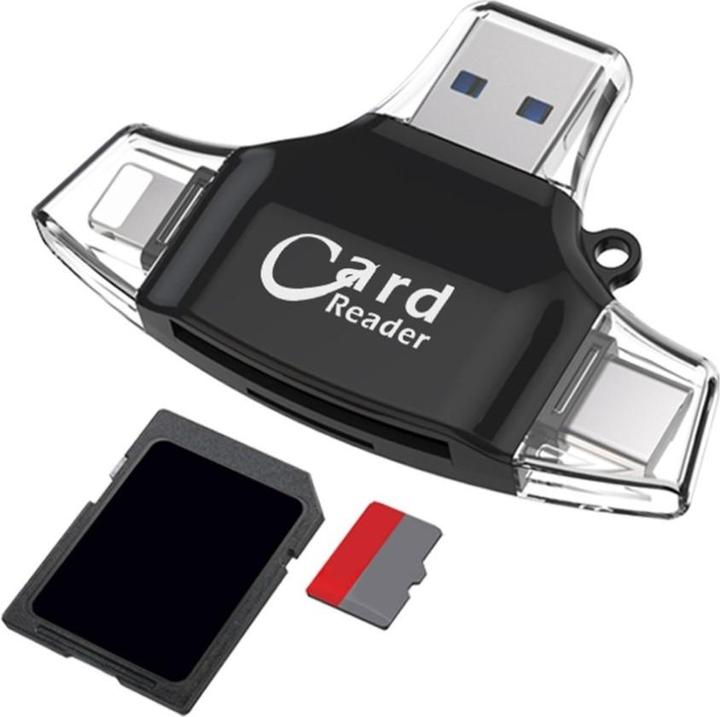 Produktbild Apfelkiste 4in1 Mini-Kartenleser für SD/MicroSD – Lightning, USB C & Micro USB (Schwarz)