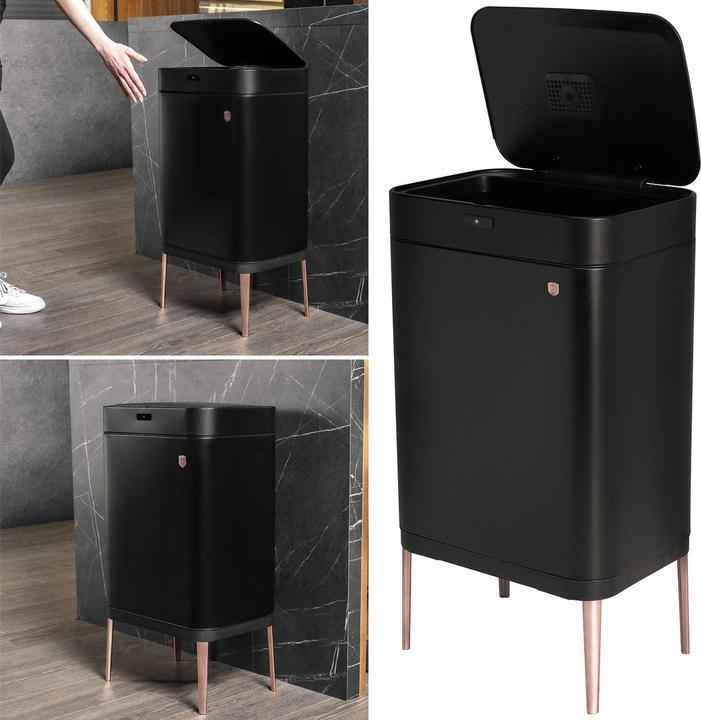 BerlingerHaus Design Abfalleimer aus Metall, mit Sensor, 60l, schwarz-roségold (60 l)