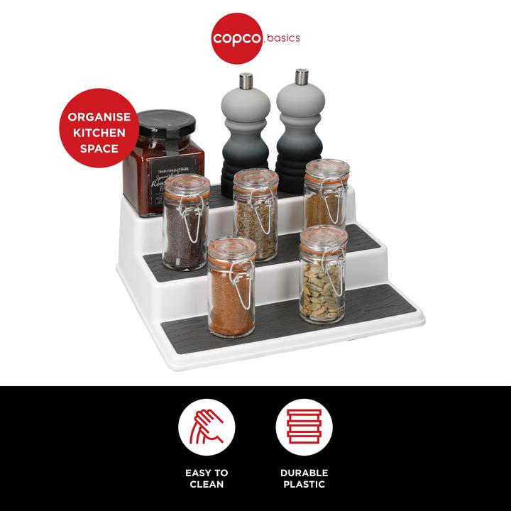 Actual product image Copco Three Tier Cupboard Shelf Organiser, Each Step Is 3.5cm High, 26x23x8.5cm, Labelled