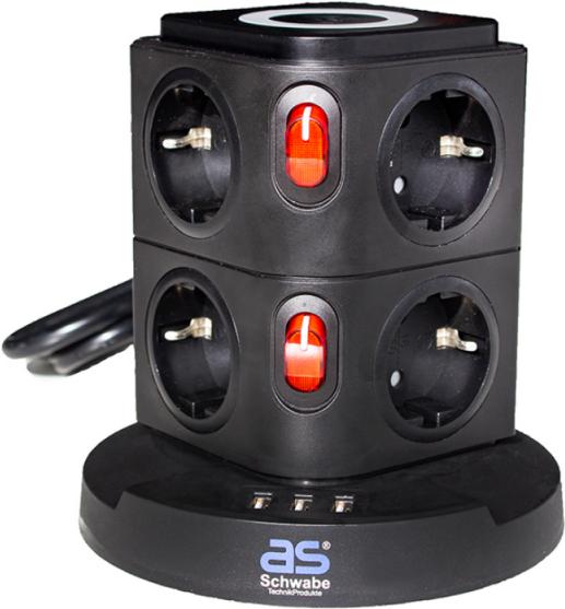Produktbild As - Schwabe Steckdosentower mit Induktionsladefläche und USB Port (11 x, CEE 7/3, USB, 2 m)