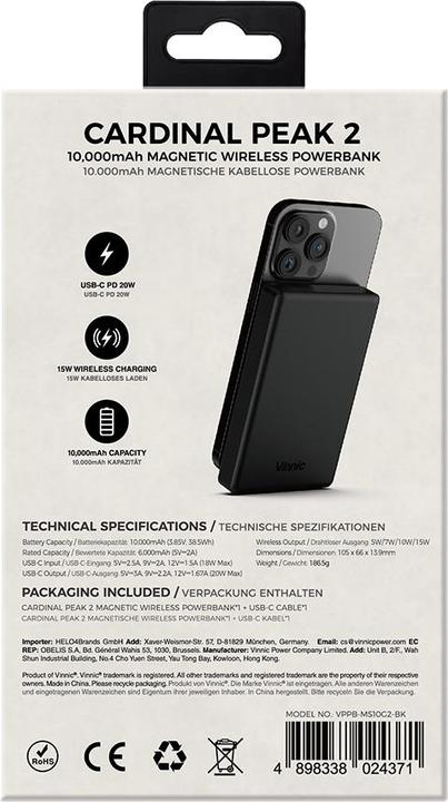 Image du produit Vinnic Cardinal Peak 2 Magnetic Powerbank (100000 mAh, 15 W, 15 Wh)