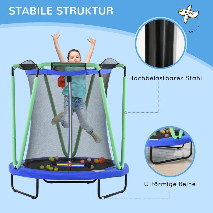 Produktbild Swisshandel24 Trampolin Kindertrampolin Sicherheitsnetz Ø140cm Basketballkorb Basketball 20 Bälle 3-10 Jahre Blau (140 cm)