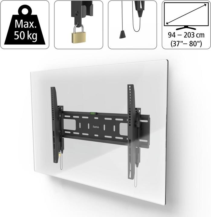 Image du produit Hama Support TV mural, inclinable, antivol, 203 cm (80") jusqu'à 50 kg (Mur, 80", 50 kg)