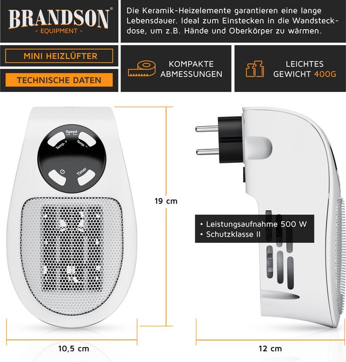 Image du produit Brandson Mini ventilateur de poche 500 W, chauffage céramique pour salle de bain avec contrôle de la (500 W)