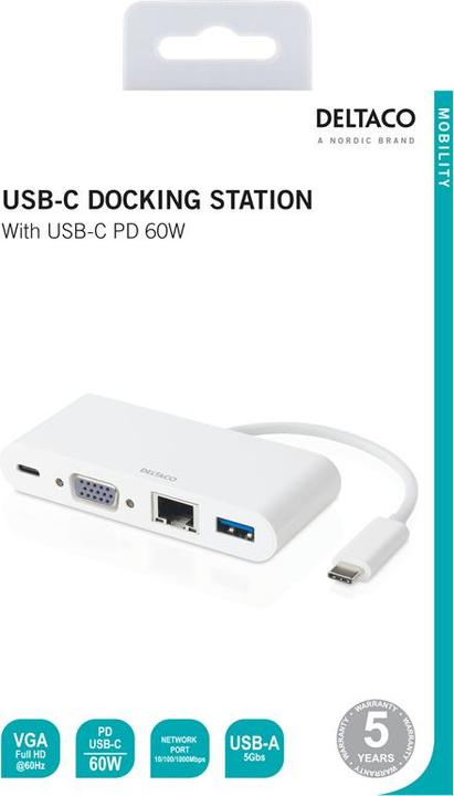 Produktbild Deltaco Connection station C type VGA + USBC PD 60 + USBA + RJ45 (USB-C, 4 Ports)