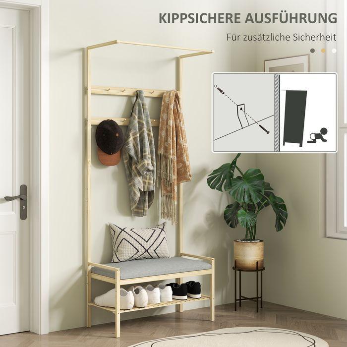 Actual product image Swisshandel24 Garderobenständer mit Schuhbank, Kleiderständer mit Haken, Schuhregal, Natur