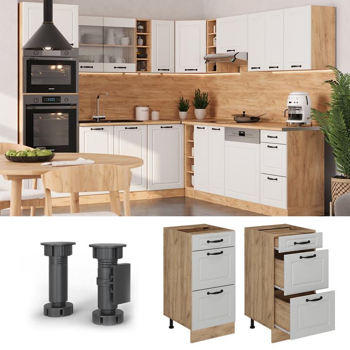 Produktbild Vicco Küchenunterschrank R-Line, Weiss Landhaus/Goldkraft Eiche, 40 cm mit Schubladen, AP Eiche