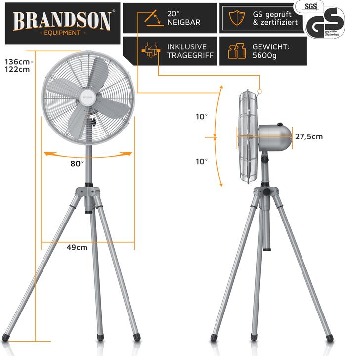 Actual product image Brandson Pedestal fan 49cm Ø, 60W fan, tripod, metal housing, tripod fan, silver (64 dB)