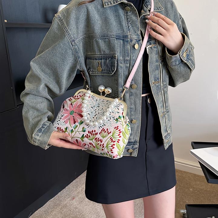 Produktbild Only-Bags.Store Vintage-inspirierten Blumenmuster Design Kupplung Tasche mit faux Perle Griff, modische