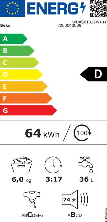 Label énergétique Beko Lave-linge à chargement frontal WUXS61032WI-IT 6 kg 1000 tr/min Blanc (6 kg, Gauche)