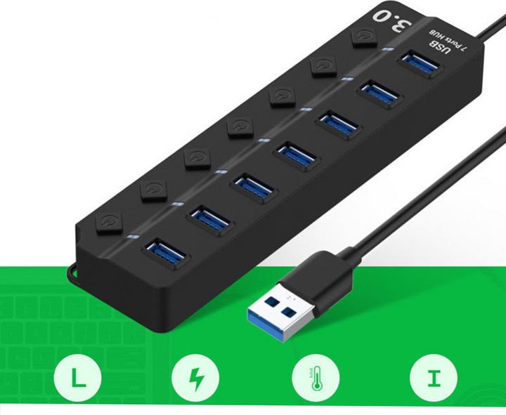 Image du produit Apfelkiste USB 3.0 Hub Adapter mit USB Port Steuerung Tastenschalter 5GB/s, 7 Ports (USB-A, 7 Ports)