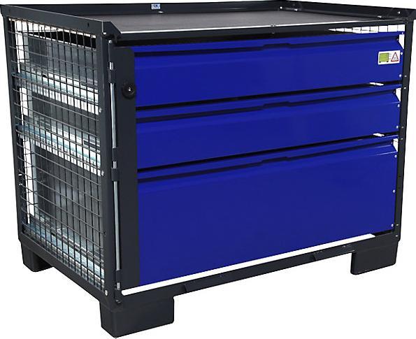 Produktbild Sth-Systeme Gitterbox, mit 3 abschliessbaren Schubladen, aus verzinktem Blech, Fronten blau