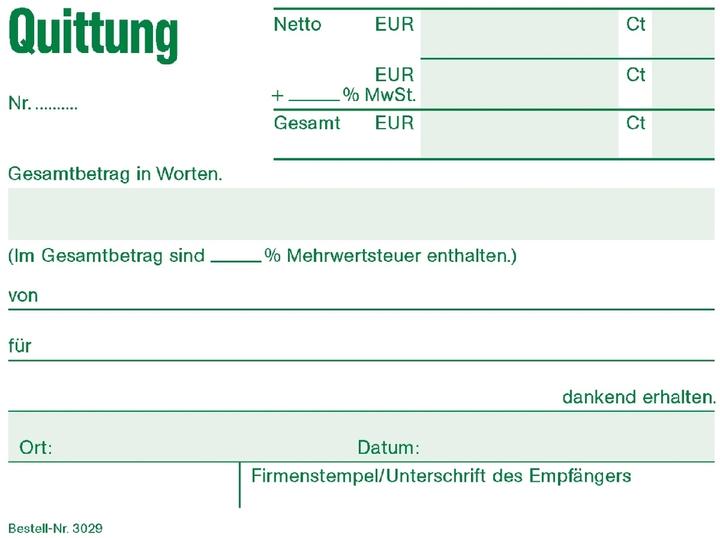 Nährwerte und Zutaten Rnk Verlag Quittung mit MwSt. separat ausgewiesen, mit fortlaufenden Nummern Formularbuch 3029 (50 x)