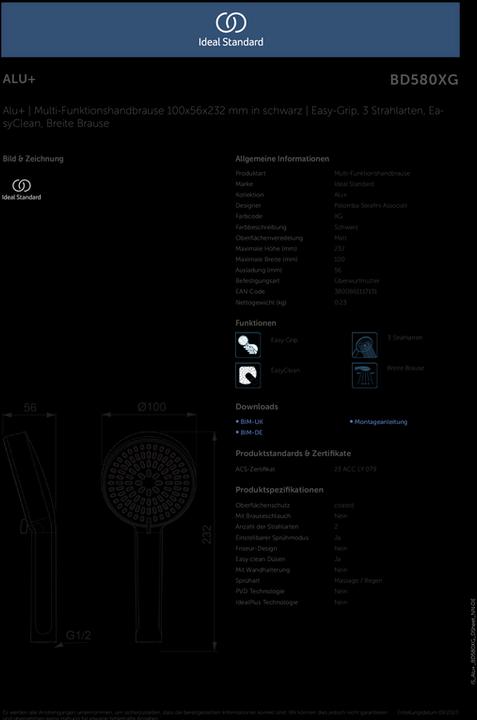 Image du produit Ideal Standard Douchette à main 2 fonctions Alu+ Diamètre : 100mm (2 Types de jets, 8 l/min)