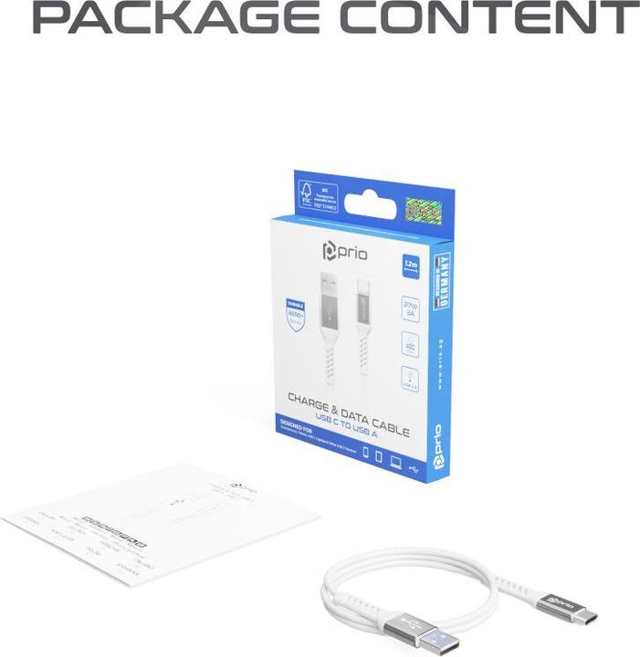Immagine prodotto prio Carica e sincronizzazione ad alta velocità da USB C a USB A 3A 1,2 m bianco (1.20 m, USB 2.0)