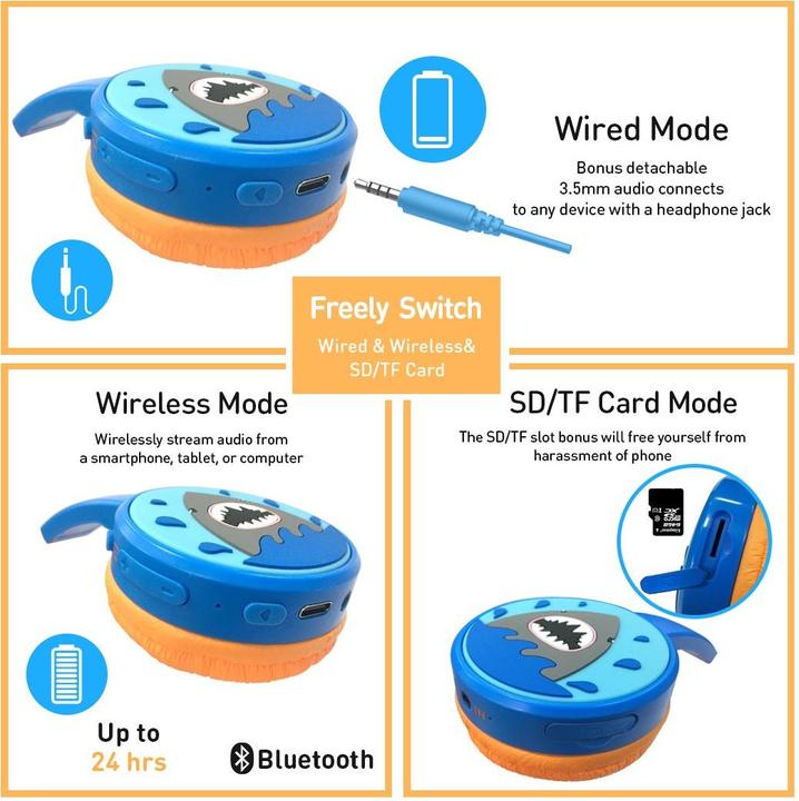 Image du produit PhoneLook Casque cool sans fil Bluetooth 5.3 pour enfants avec volume atténué 85dB et design amusant Shark
