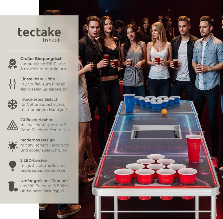Immagine prodotto tectake Tavolo da beer pong BeerWars II, con vano per il ghiaccio e illuminazione a LED