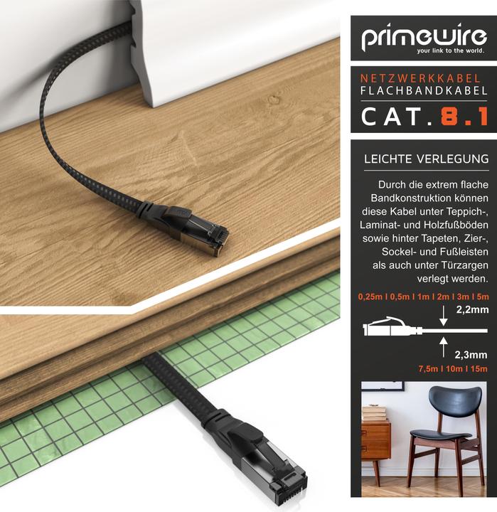 Produktbild Primewire LAN Kabel CAT.8, RJ-45, Ethernet CAT 8.1 Netzwerkkabel Flach 40 Gbits, Baumwollmantel Patchkabel (U/FTP, CAT8.1, 10 m)