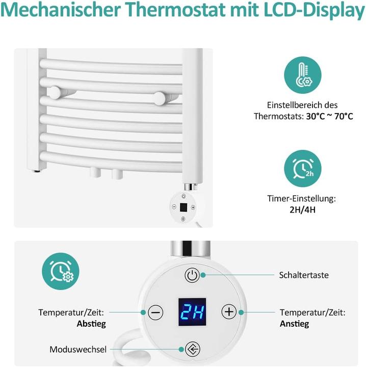 Produktbild Emke Heizelement für Handtuchwärmer mit Temperaturregler, 1200W Weiss (2nd Generation) (1200 W)