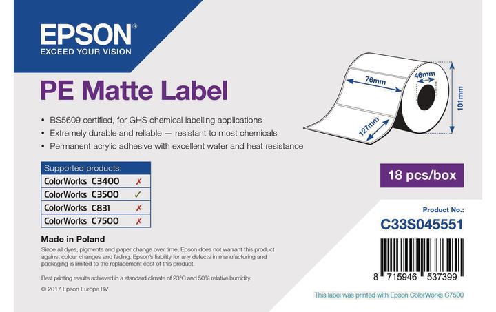 Actual product image Epson PE mat label 76 mm x 127 mm