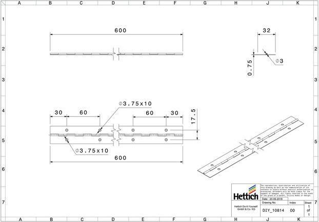 Produktbild Hettich Stangenscharnier 32x600 mm Stahl schwarz