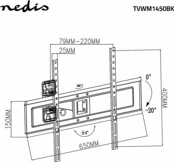 Actual product image Nedis Full-motion TV wall mount - 37 - 70" - Max. 35 kg - 2 swivel points - Tilt, swivel a (Wall, 70", 35 kg)