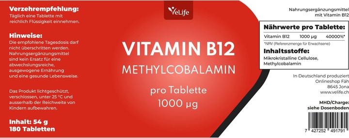 Nährwerte und Zutaten VeLife Vitamin B12 Tabl (180 Stück, Tabletten, 81 g)