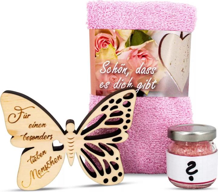 Produktbild ZNatur Geschenkset Zirben Holz Schmetterling mit Gravur Lieber Mensch Badesalz & Tuch No.39 (Körperpflegeset)