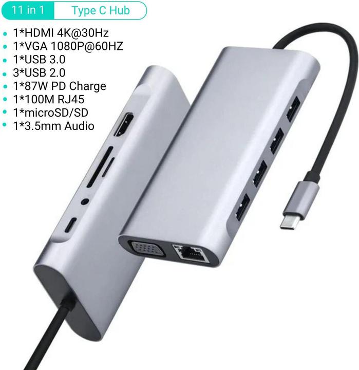 Immagine prodotto Hermex Docking station Hub multi USB USB-C 11in1 USB-A HDMI microSD/SD RJ45 AUX VGA (USB-C, 11 Porti)