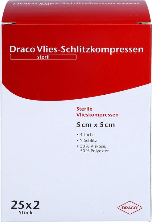 Actual product image Dracco SLIT COMPRESSE non-woven 5x5cm 4-fold sterile Ausbütte, 50 pcs. compresses
