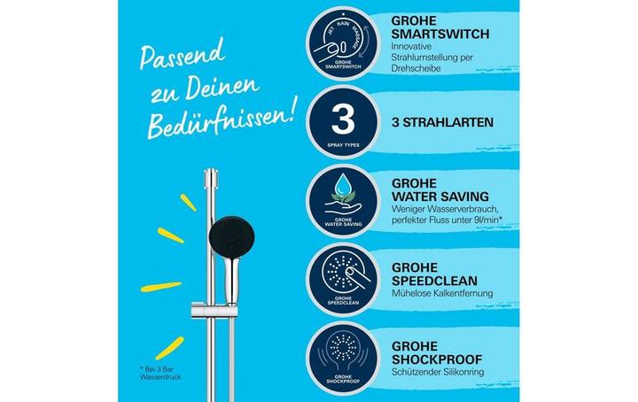 Actual product image Grohe Vitalio Start 110 QuickFix Brausestangenset, kleben oder bohren, Länge 600mm, wassersparend, 3 Strah