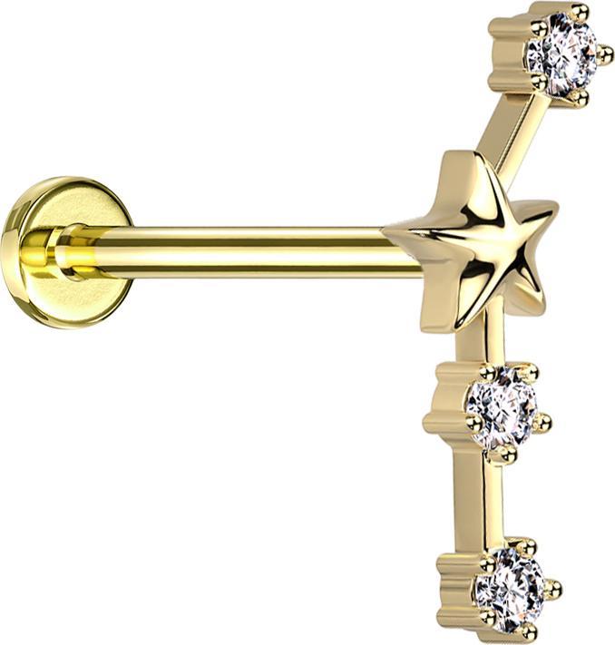 Produktbild Star Piercing Micro Labret Innengewinde vergoldet Sternzeichen Widder mit Kristallen (Chirurgenstahl 316L, Messing)