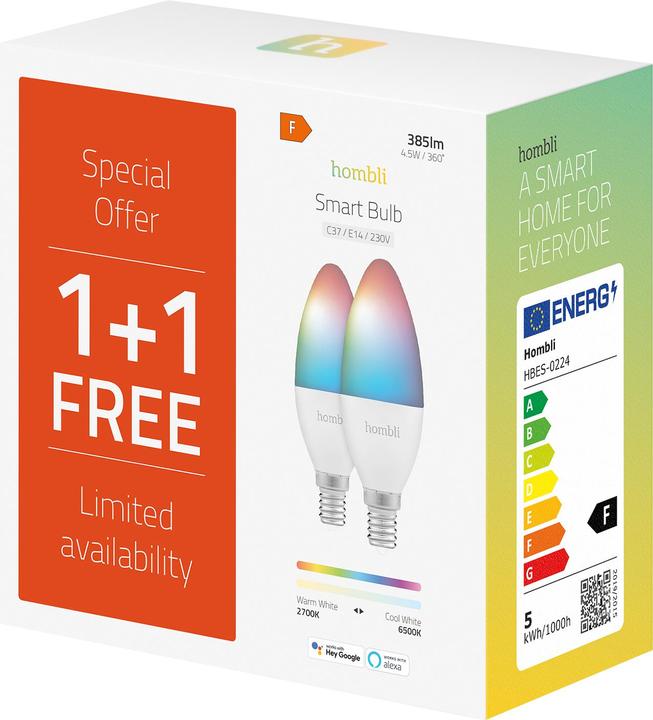 Produktbild Hombli Smart Bulb (E14, 4.50 W, 385 lm, 2 x, F)