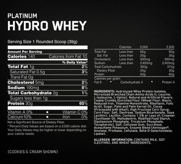 Valeurs nutritives et ingrédients Optimum Nutrition Lactosérum de platine (Vanille, 1 pcs, 1590 g)