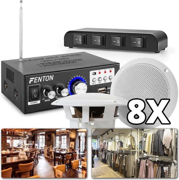 Power Dynamics met 8 plafondspeakers, 4-zone switch, versterker met o.a. Bluetooth en kabels voor restaurant, winke