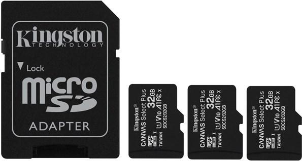 Actual product image Kingston Canvas Select Plus microSD 32GB Multi-Pack of 3 (32 GB, microSDHC, U1, UHS-I)