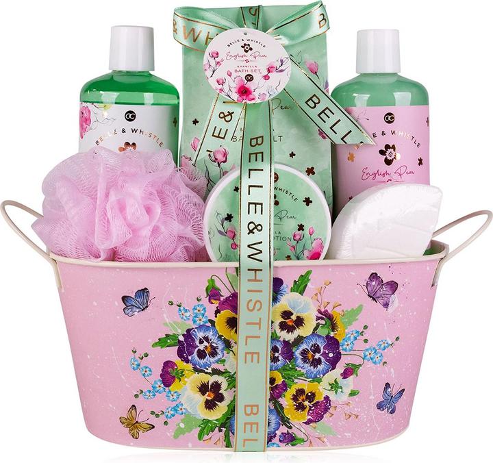 Accentra Set de bain BELLE & WHISTLE dans un bac en fer blanc imprimé, comprenant 300ml de gel douche, 300ml (Set soin capillaire)