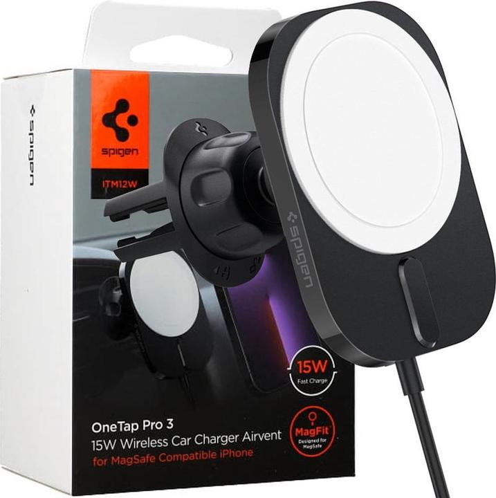 Produktbild Spigen Autohalterung mit Ladegerät ITM12W Onetap Pro 3 Magnetic Magsafe Vent Car Mount Wireless Charger b (15 W)