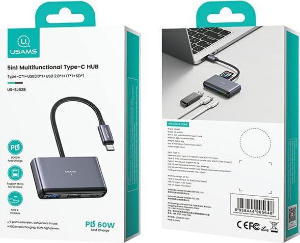 Produktbild Usams US-SJ628 5in1 Multifunctional Type-C HUB Type-C*1+USB3.0*1+USB 2.0*1+TF*1+SD*1 (USB-C, 5 Ports)