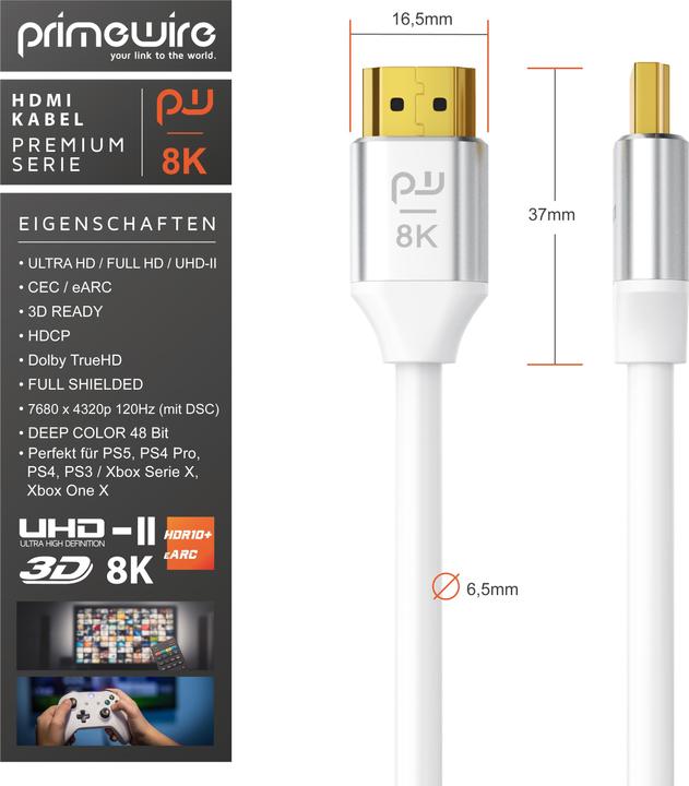 Actual product image Primewire HDMI Cable 2.1, 8K 60 Hz, Premium Ultra HD, High Speed 7680 x 4320 @ 120 Hz - 4k @ 240 Hz with DSC (2 m, HDMI)