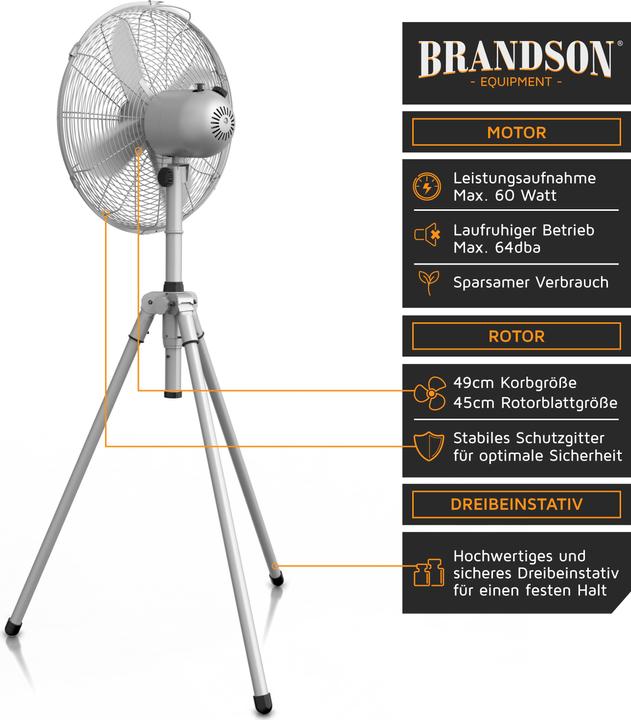 Actual product image Brandson Pedestal fan 49cm Ø, 60W fan, tripod, metal housing, tripod fan, silver (64 dB)