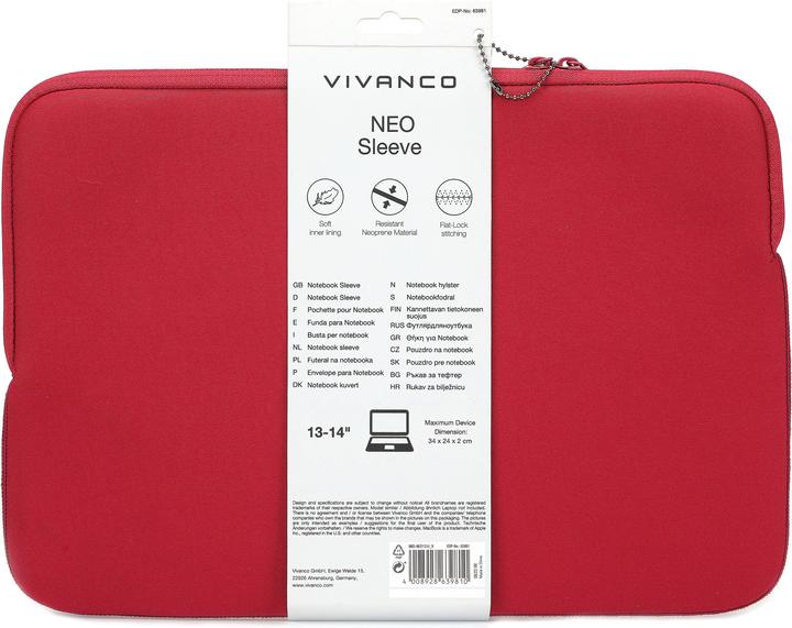 Produktbild Vivanco NEO Notebook Sleeve fuer 13-14" Geraete, rot Neopren (14", Universal)