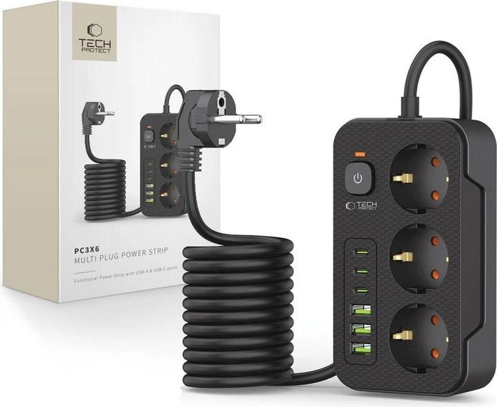 Tech-Protect PC3X6 Power Strip 3 Sockets 240V + 3xUSB-A + 3xUSB-C 200cm - Black (3 x, USB-C, USB-A, 2 m)