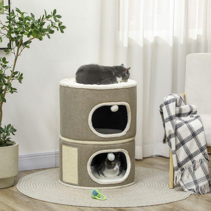 Actual product image Swisshandel24 Kratztonne, 69 cm hoch Katzentonne mit 2 Höhle, Kratzbaum für Katze bis 6 kg (69 cm, Coffee brown+cream white)