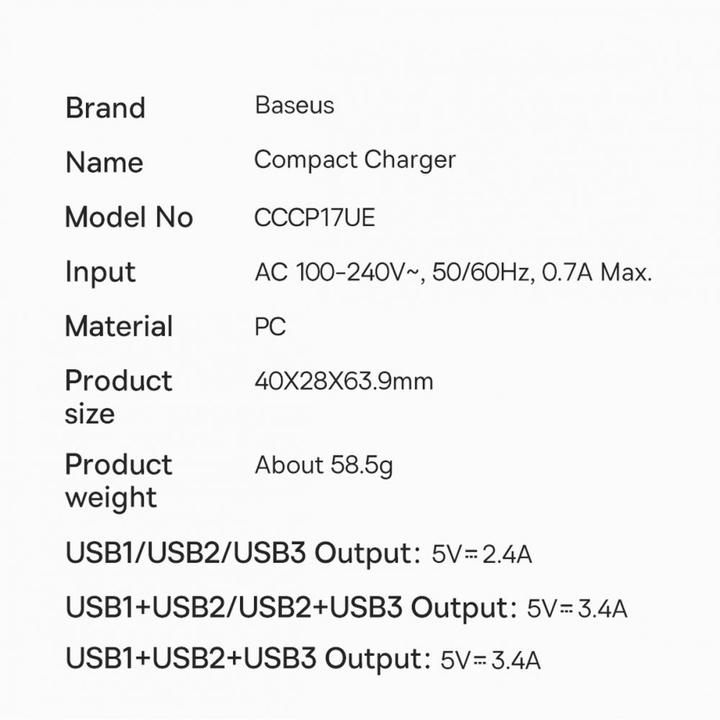 Nutritional values and ingredients Baseus Compact Charger 3U 17W EU White (17 W)