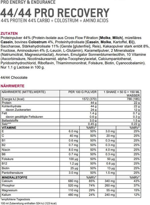 Nutritional values and ingredients Sponser Pro Recovery 44/44 (Chocolate, 1 pcs., 800 g)